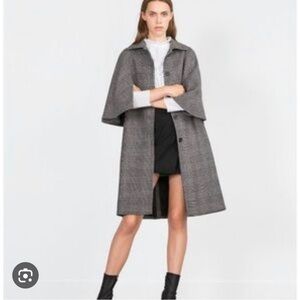 Zara Women MEDIUM Glen Capelette Trench Black White houndstooth plaid long coat